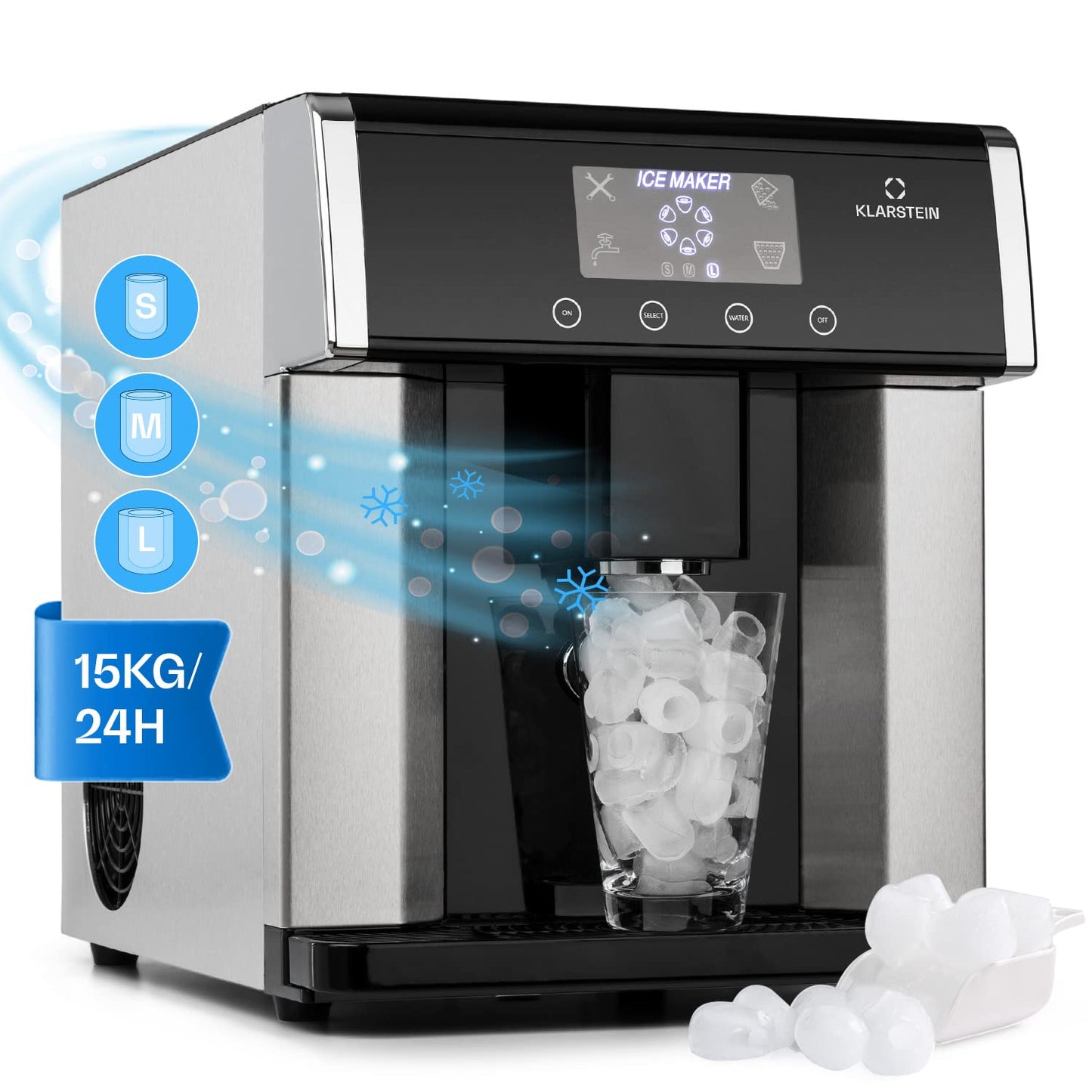 Klarstein Eiswürfelmaschine Klein, 3L Eiswürfelbereiter, Eiswürfelmaschine mit 3 Eiswürfel Größen, Schnelle Mini-Eiswürfelmaschine, Leichte Reinigung, Eiswürfelbereiter für 15kg Eis in 24h