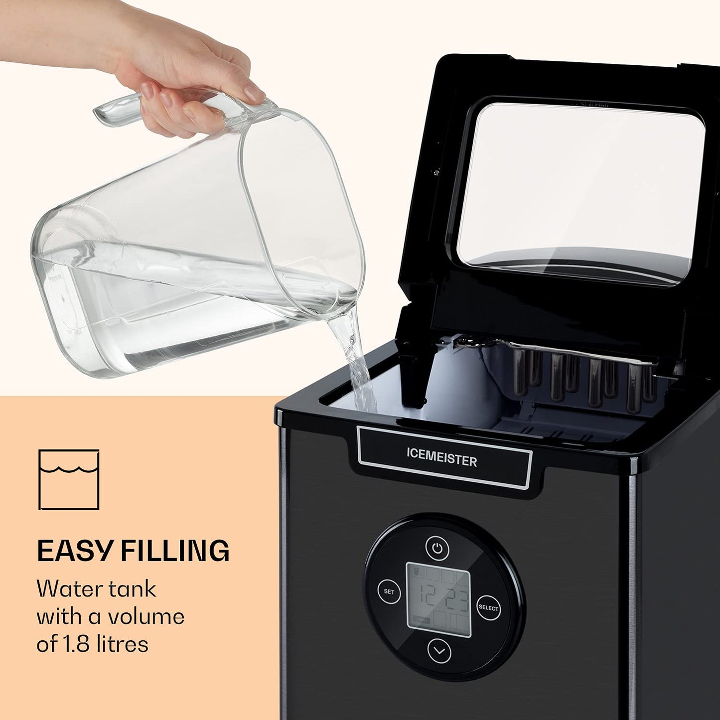 Klarstein Eiswürfelmaschine Klein, 1,8 L Eiswürfelbereiter, Eiswürfelmaschine für 12 kg Große & Kleine Eiswürfel, Mini-Eiswürfelmaschine mit LED-Display, Eiswürfelbereiter Selbstreinigend
