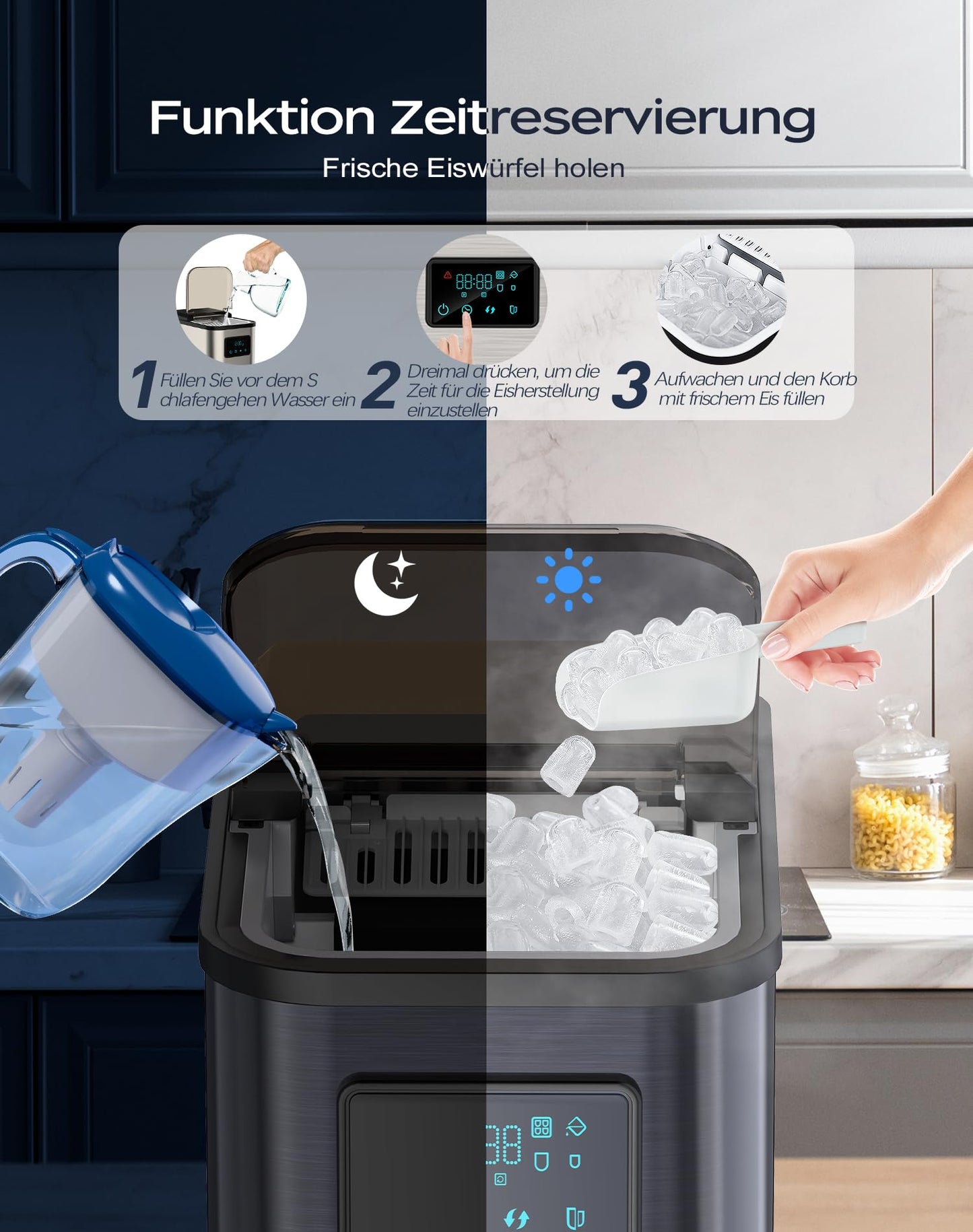 KeeGone Edelstahl Eiswürfelmaschine mit LED-Display,Eismaschine Eiswürfelbereiter und Reinigungsfunktion,2L Wassertank,inklusive Eisschaufel und Korb,2 Eiswürfel Größen für Küche, Büro, Bar und Party