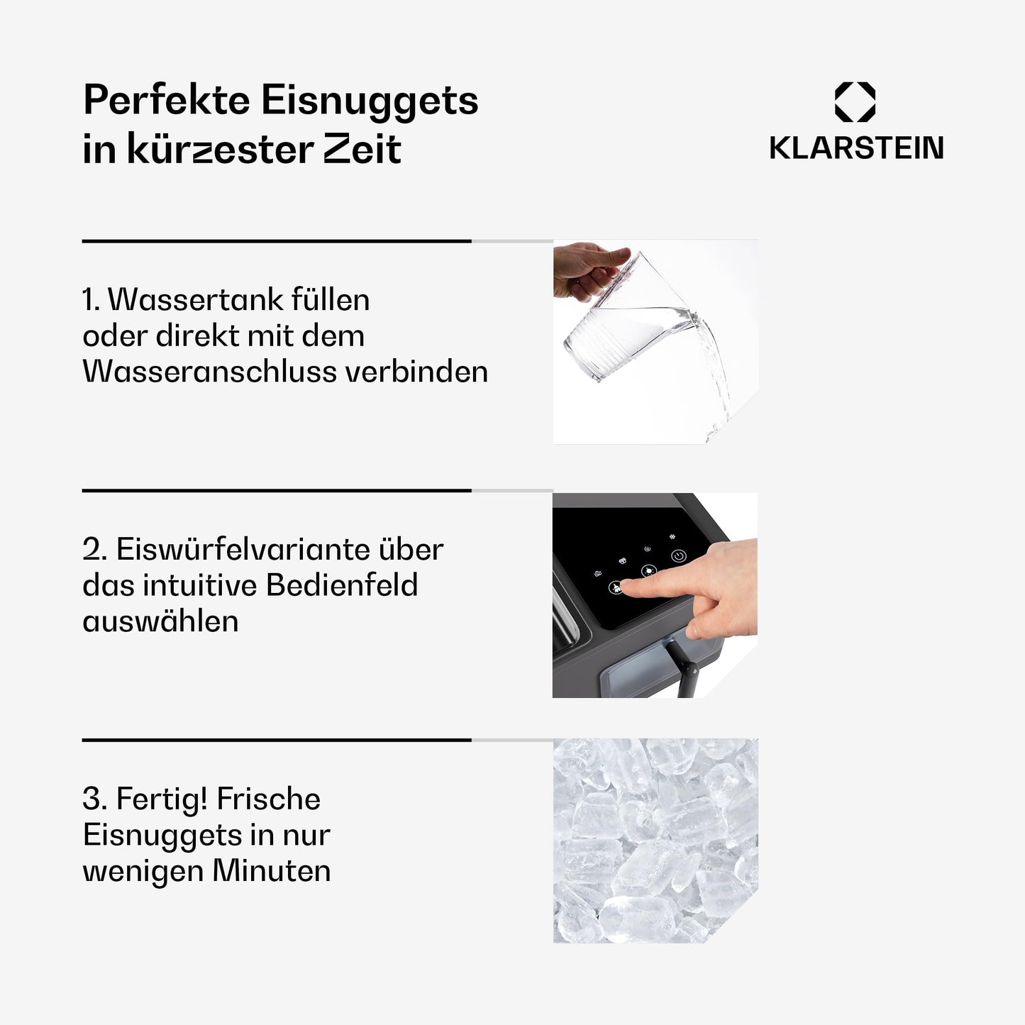 Klarstein Eiswürfelmaschine für Zuhause Camping Gastro, Schnelle Mini Eiswürfelmaschine Klein, Profi Eismaschine für Nugget-Eiswürfel, Selbstreinigend, Sicherheitsalarm & Touch Controls, 15kg/24h