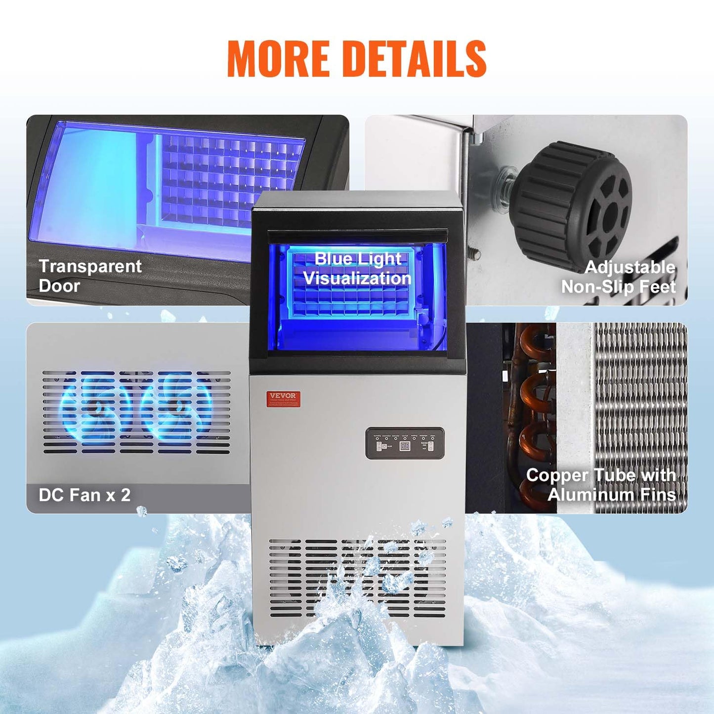 VEVOR Kommerzieller Eiswürfelbereiter Eismaschine 38 kg / 24 h, Leichte Würfeleismaschine 12,5 kg Eisspeicherkapazität 40 Stk. Eiswürfel, Edelstahl Eiswürfelbereiter inkl. Wasserfilter & Eisschaufel