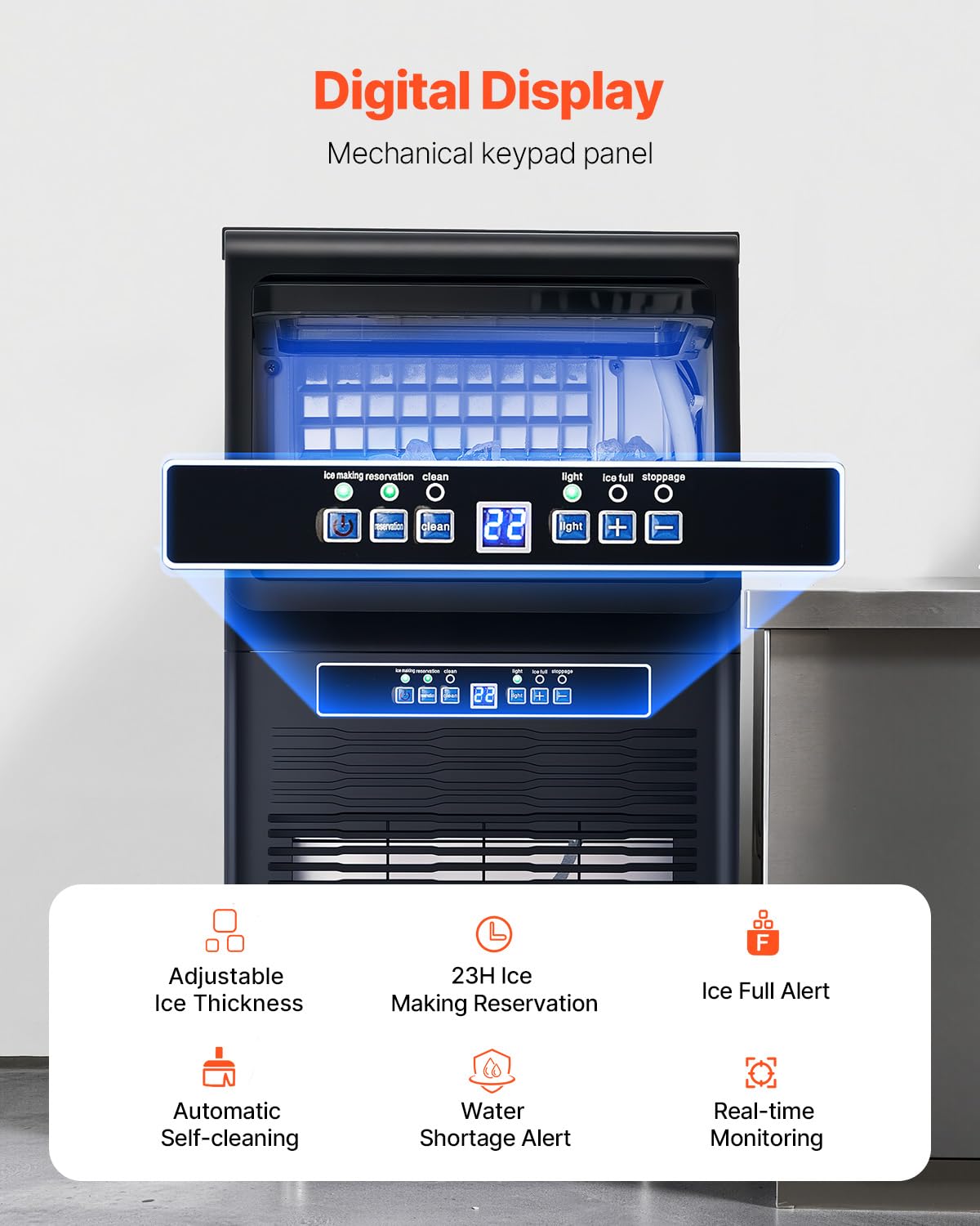 VEVOR kommerzielle Eismaschine (36,29 kg/Tag) Eisbereiter mit 5,44 kg Speicherkapazität, 36 Eiswürfel in 15 Minuten, LED-Digitalanzeige, freistehend, selbstreinigend, für Bar Büro Restaurant