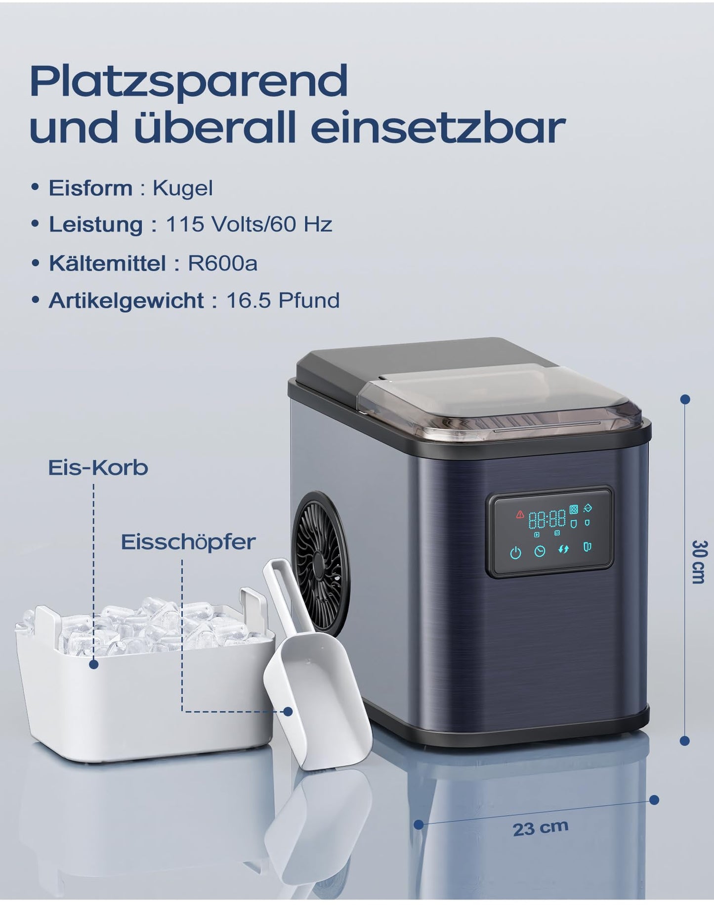 KeeGone Edelstahl Eiswürfelmaschine mit LED-Display,Eismaschine Eiswürfelbereiter und Reinigungsfunktion,2L Wassertank,inklusive Eisschaufel und Korb,2 Eiswürfel Größen für Küche, Büro, Bar und Party