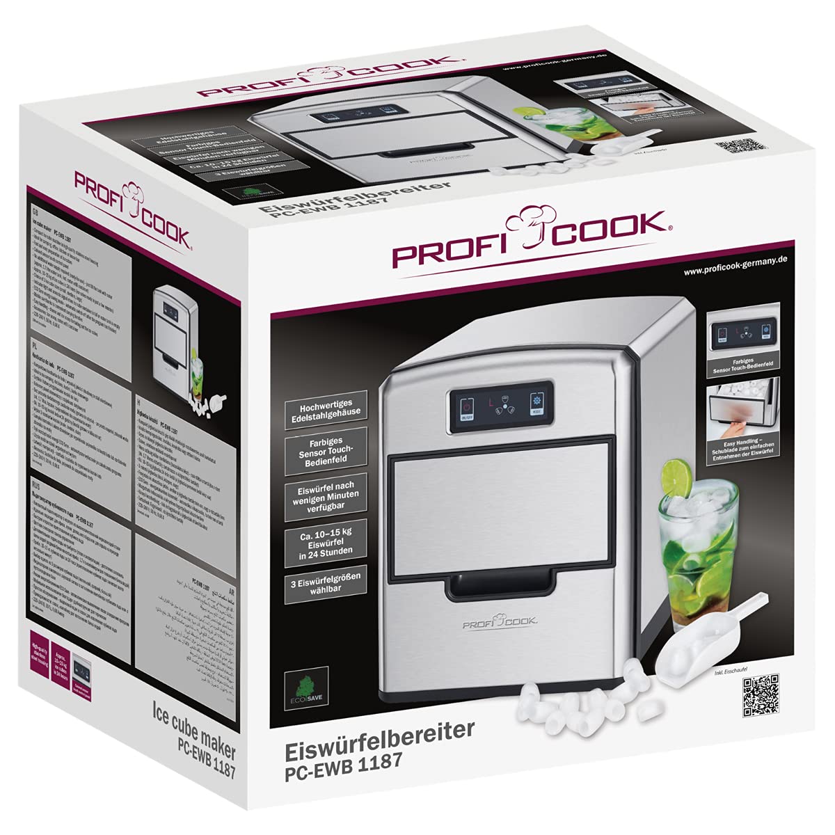 ProfiCook® Eiswürfelbereiter | elektrische Eiswürfelmaschine | für 10-15kg/24h | Ice-Maker | Sensor-Touch-Bedienung | 1,7 Liter Wassertank | Eiswürfel in 10 Minuten | 3 Eiswürfelgrößen | PC-EWB1187