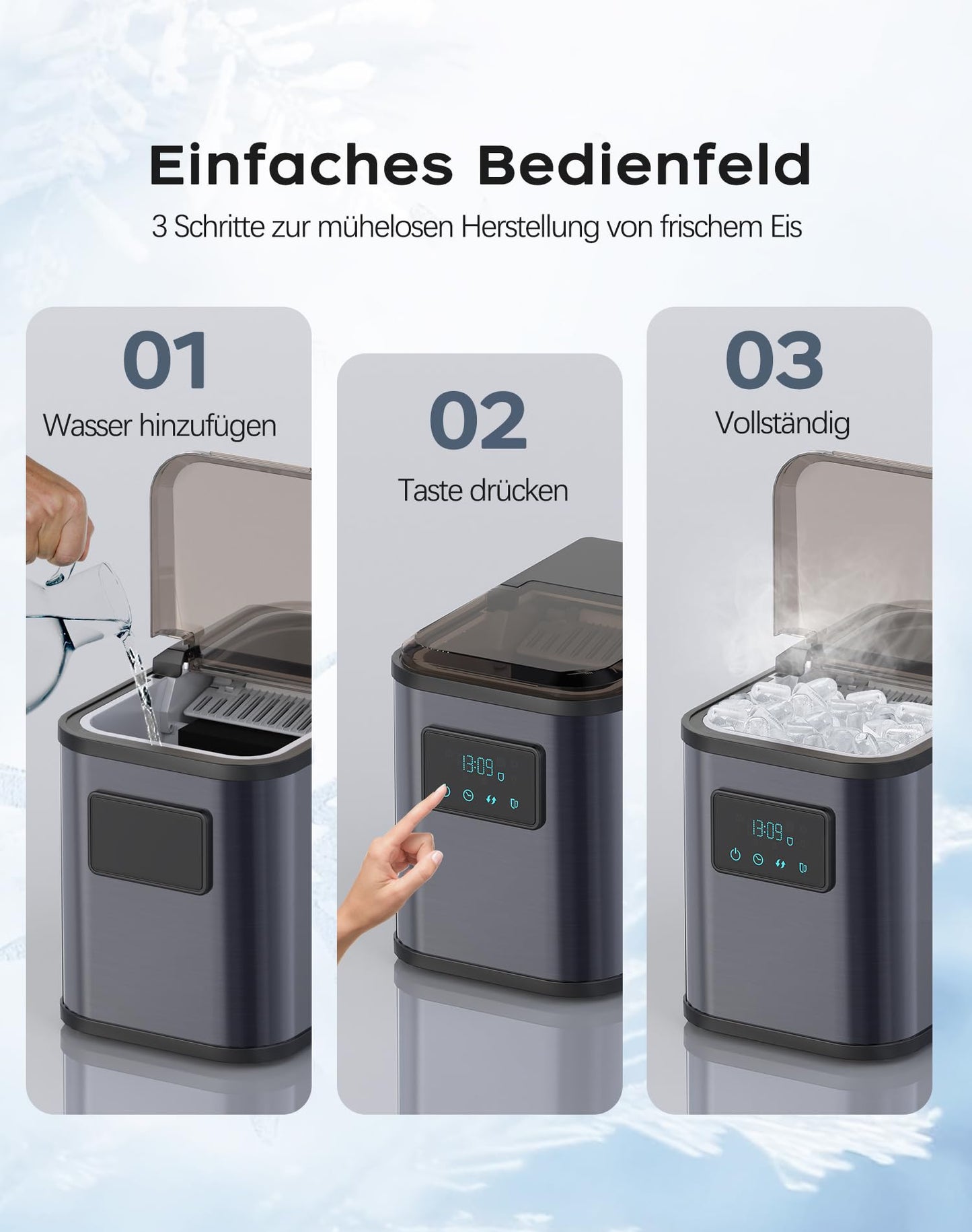 KeeGone Edelstahl Eiswürfelmaschine mit LED-Display,Eismaschine Eiswürfelbereiter und Reinigungsfunktion,2L Wassertank,inklusive Eisschaufel und Korb,2 Eiswürfel Größen für Küche, Büro, Bar und Party