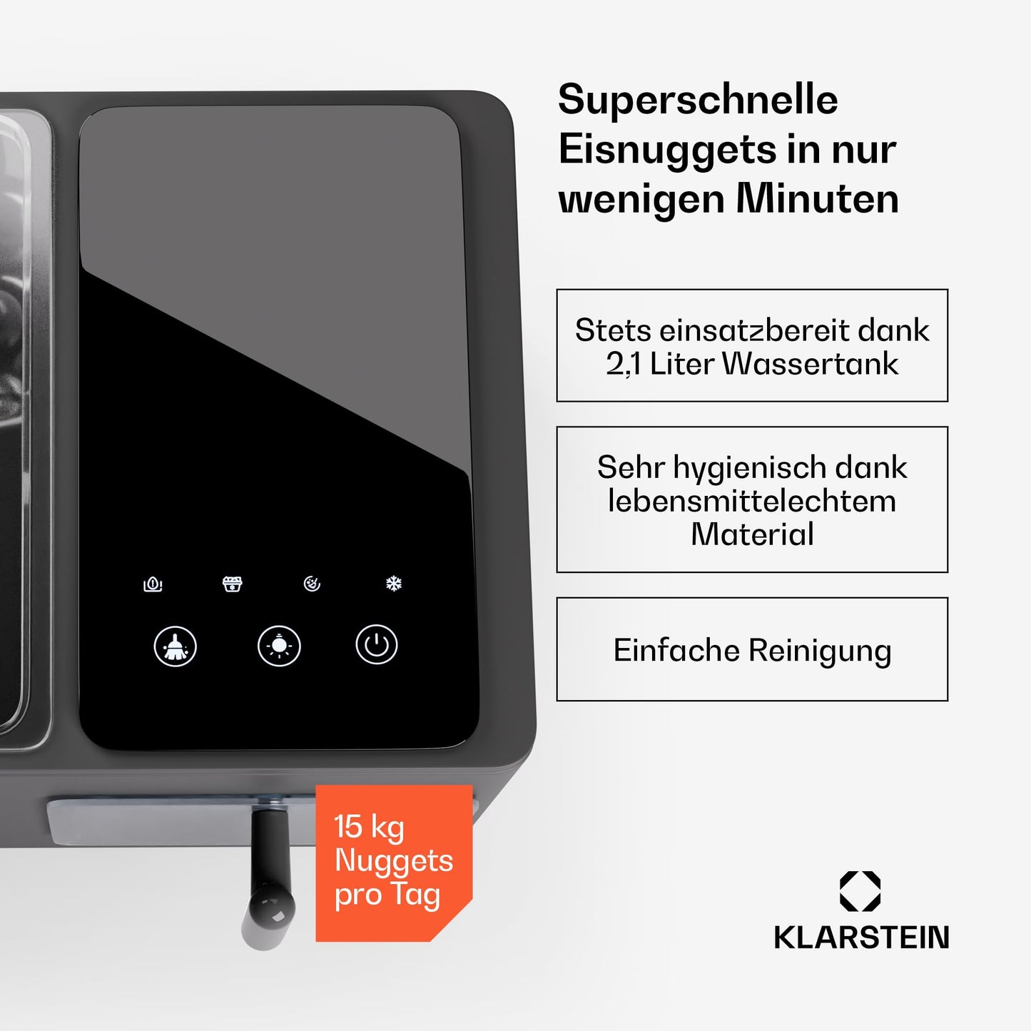 Klarstein Eiswürfelmaschine für Zuhause Camping Gastro, Schnelle Mini Eiswürfelmaschine Klein, Profi Eismaschine für Nugget-Eiswürfel, Selbstreinigend, Sicherheitsalarm & Touch Controls, 15kg/24h