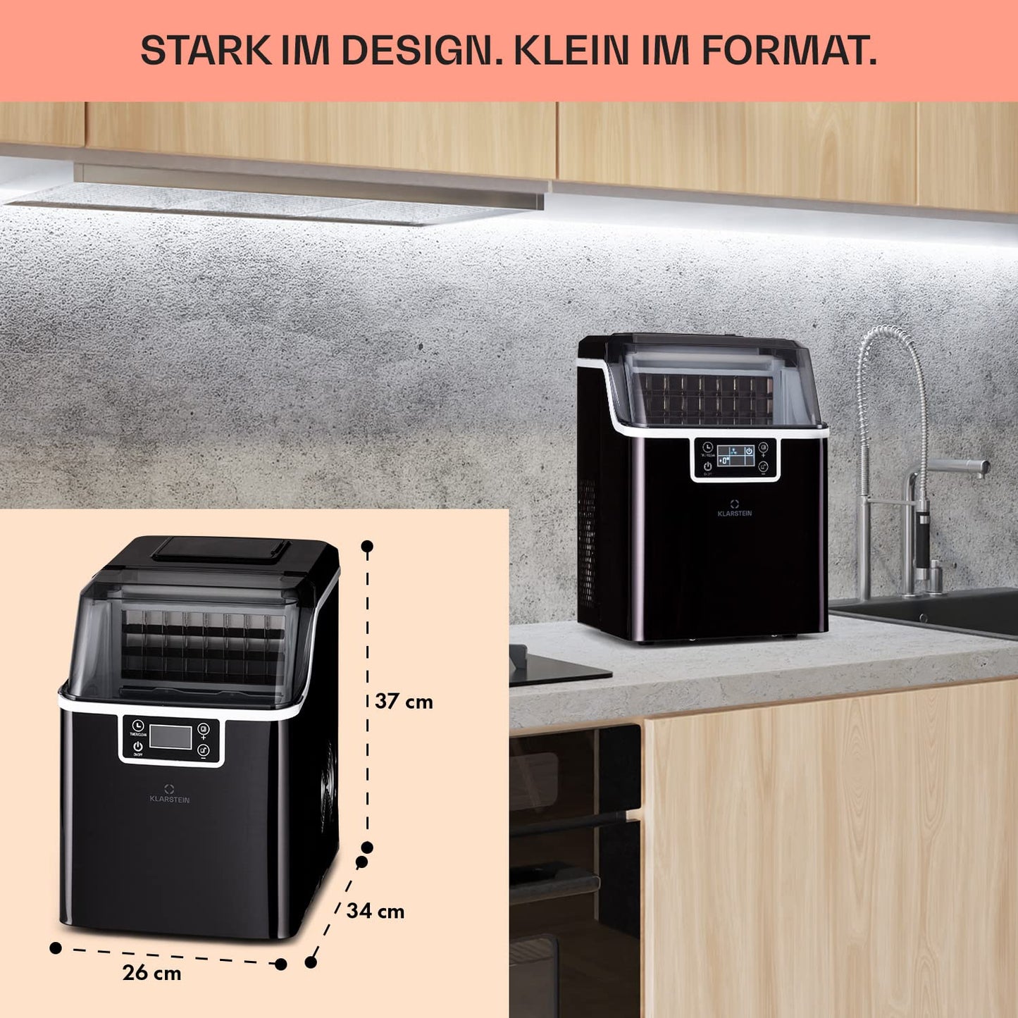 Klarstein Eiswürfelmaschine für Zuhause Camping Gastro, Schnelle Mini , Profi Eismaschine für Große Kleine Klare Eiswürfel, Selbstreinigend mit 3,2L Eiswürfelbehälter, 20kg/24h
