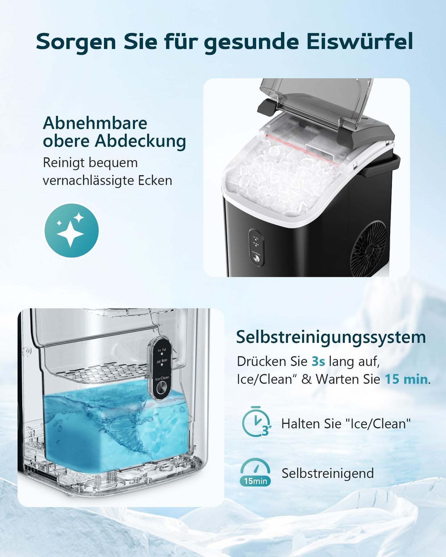 EUHOMY Eiswürfelmaschine, 15kg/24h, Herstellung in 6 Minuten, Crushed Ice Maker, Nuggets Ice, Automatische Reinigung, 120W Tisch-Eiswürfelmaschine, Infrarot-Sensor, Energieeffizient, Schwarz