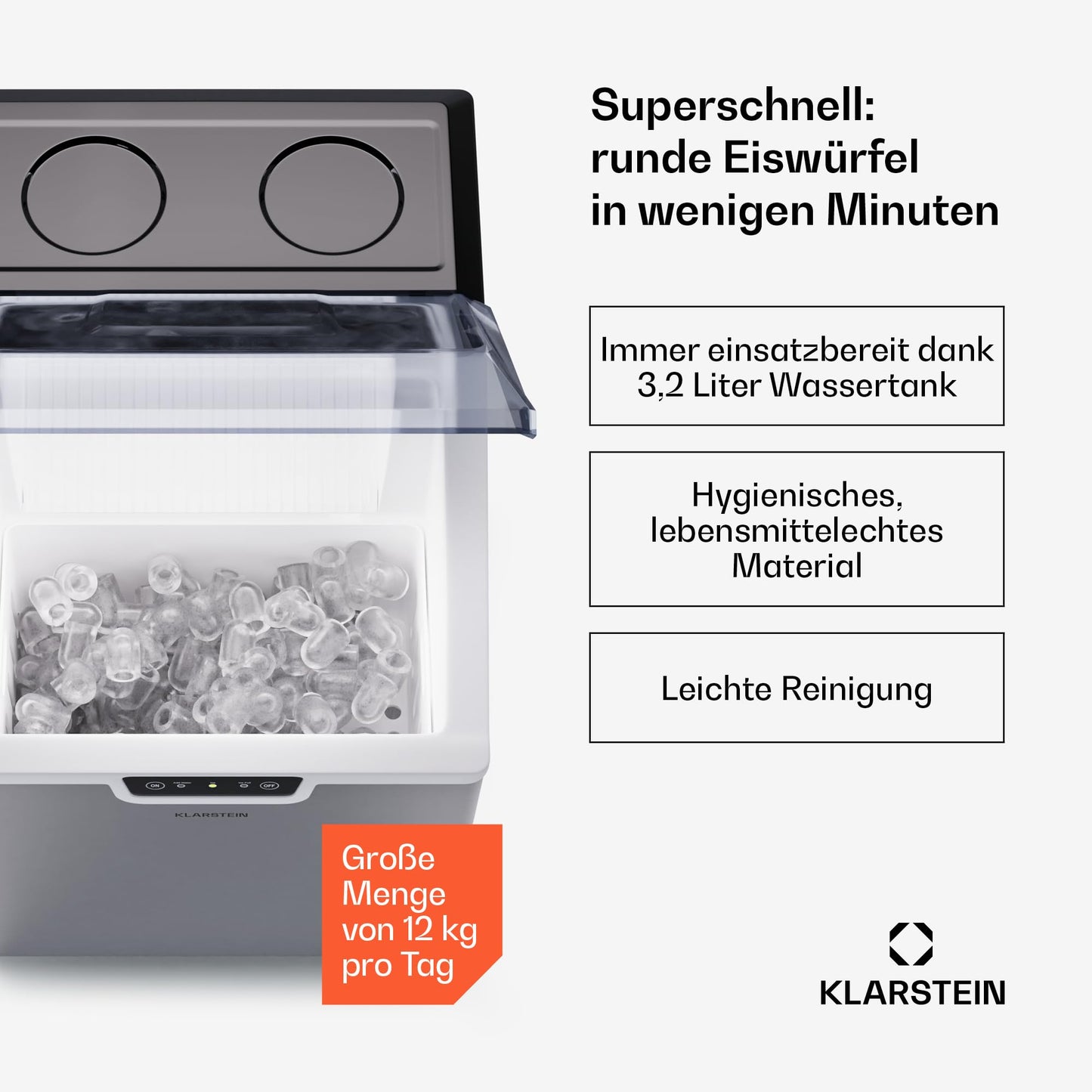 Klarstein Eiswürfelmaschine für Zuhause Camping Gastro, Schnelle Mini-Eiswürfelmaschine Klein, Profi Eismaschine für Große & Kleine Eiswürfel, Selbstreinigend, 2,3L Wassertank, 18kg Eis in 24h