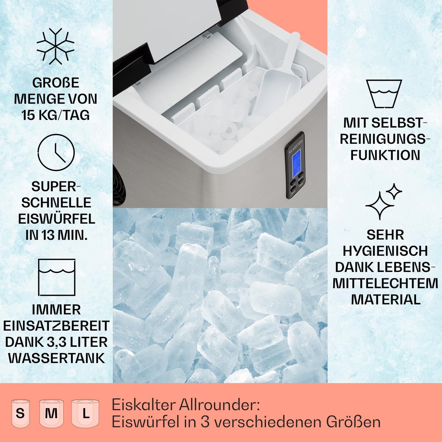 Klarstein Eiswürfelmaschine Klein, 3,3 Liter Eiswürfelbereiter, Eiswürfelmaschine für 15 kg Eiswürfel in 2 Größen, Schnelle Mini-Eiswürfelmaschine, Eiswürfelbereiter mit LED-Anzeige