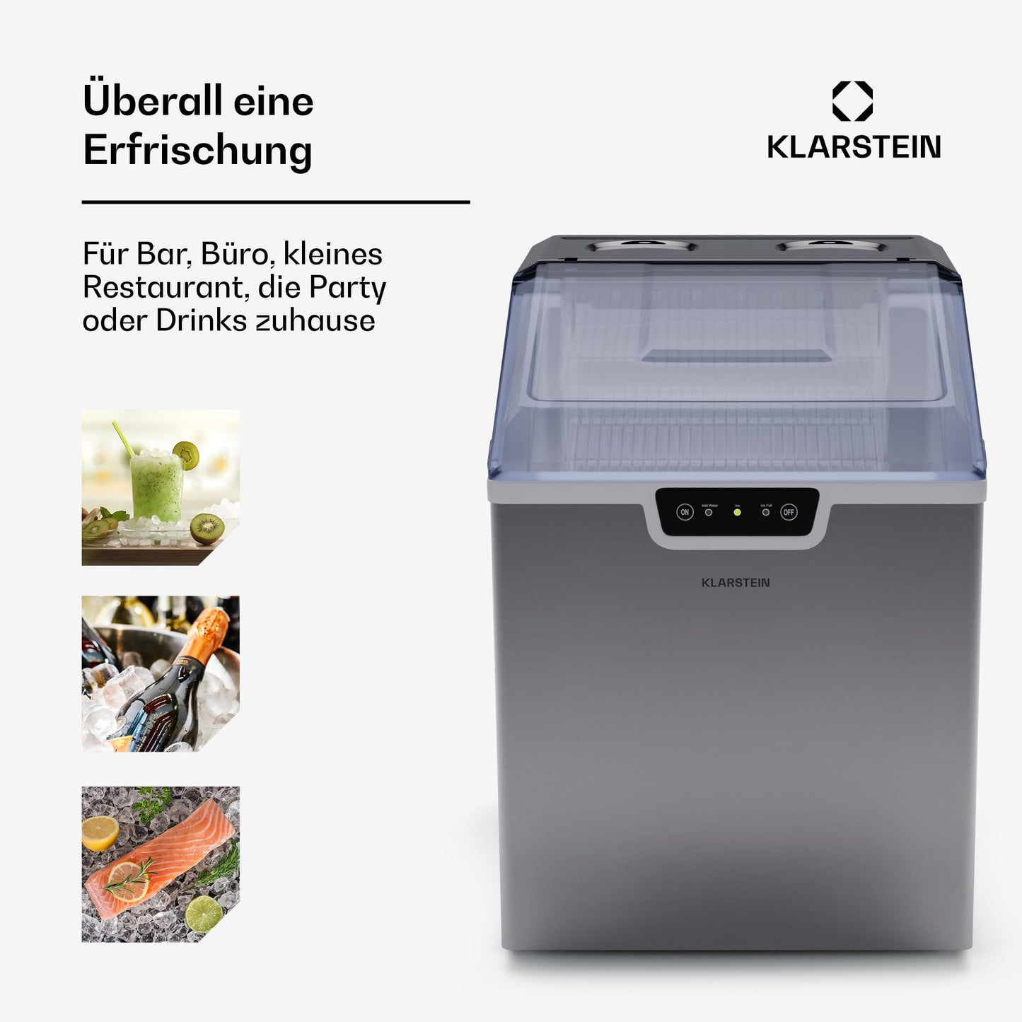 Klarstein Eiswürfelmaschine für Zuhause Camping Gastro, Schnelle Mini-Eiswürfelmaschine Klein, Profi Eismaschine für Große & Kleine Eiswürfel, Selbstreinigend, 2,3L Wassertank, 18kg Eis in 24h