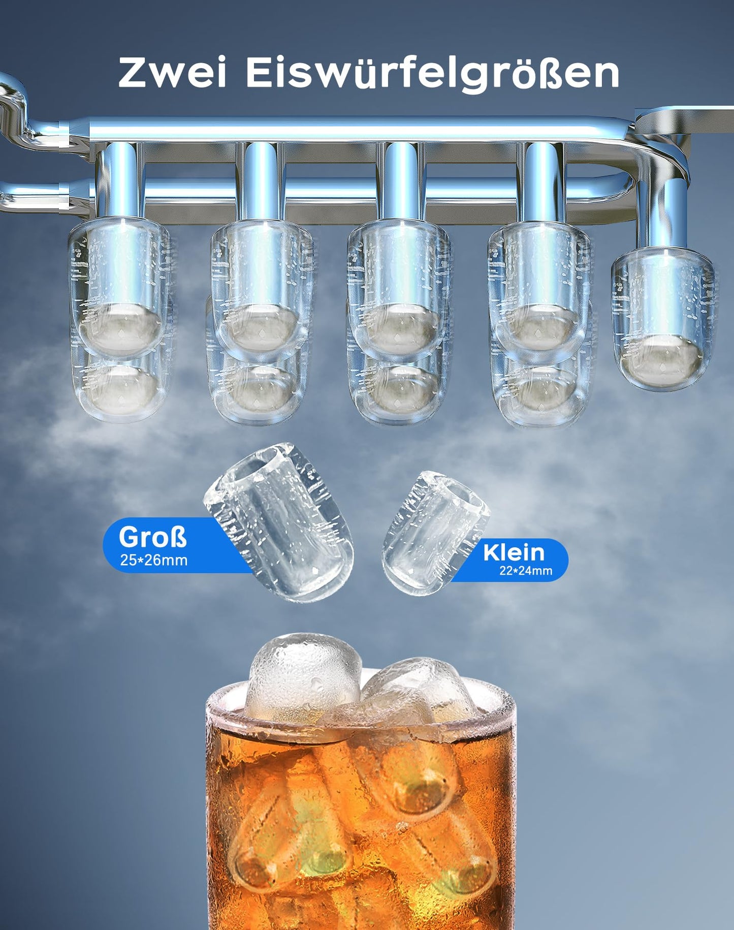KeeGone Edelstahl Eiswürfelmaschine mit LED-Display,Eismaschine Eiswürfelbereiter und Reinigungsfunktion,2L Wassertank,inklusive Eisschaufel und Korb,2 Eiswürfel Größen für Küche, Büro, Bar und Party