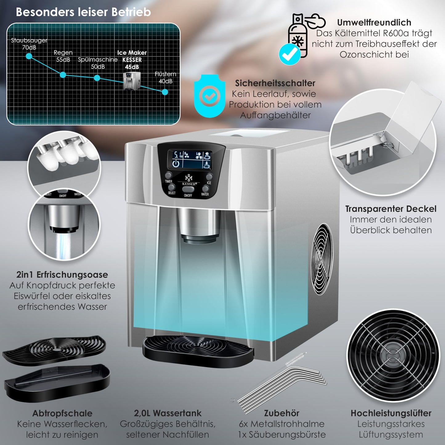 KESSER® Eiswürfelbereiter | Eiswürfelmaschine Edelstahl | 100W Ice Maker |12 kg 24 h |2 Würfelgrößen | Zubereitung in 6 min | 2 Liter Wassertank | Timer | LCD-Display | Wassertank, mit Zubehör Silber