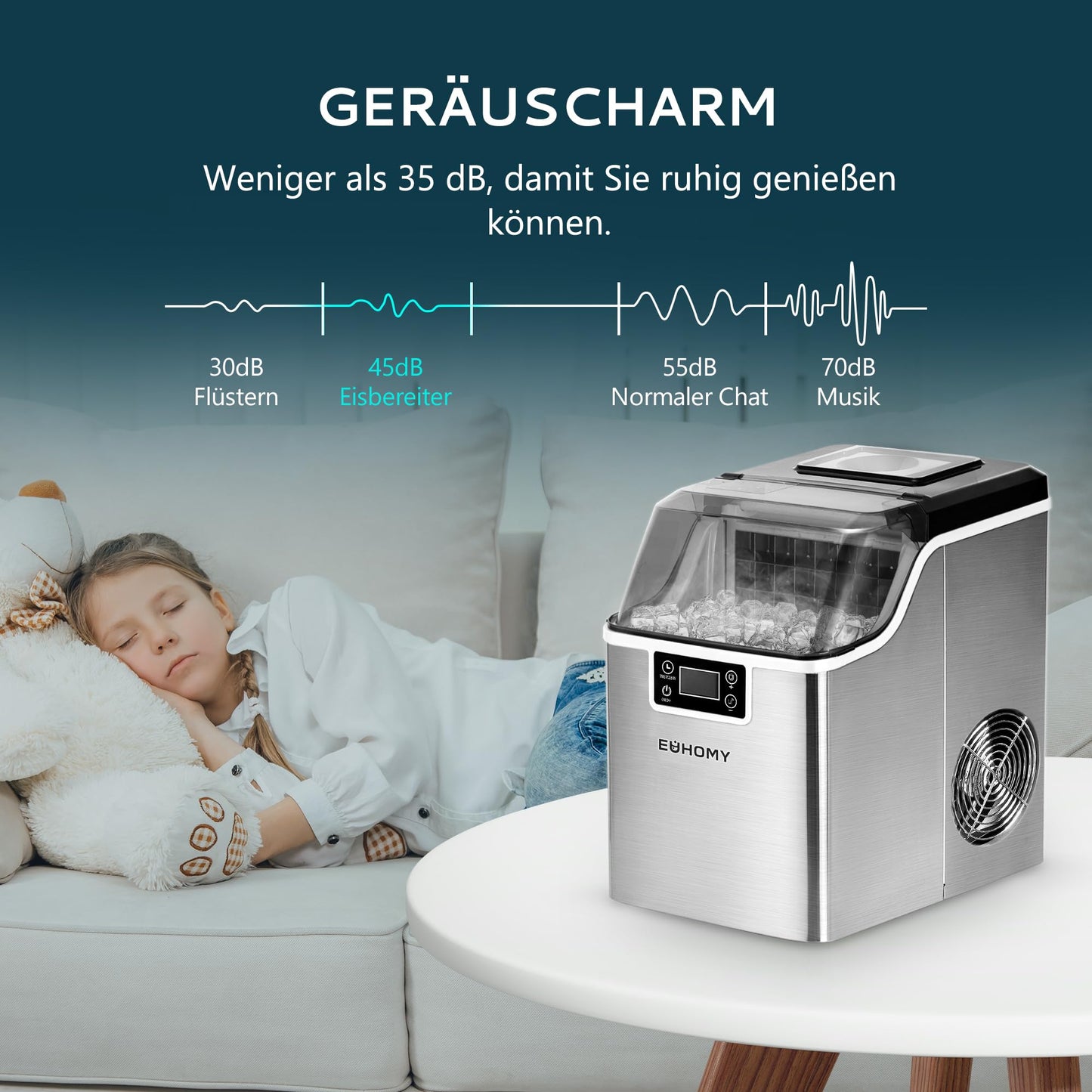 EUHOMY Eiswürfelmaschine Edelstahl, 24 Eiswürfel in 13 Minuten, 24kg/24H Eiswürfelmaschine gastro, selbstreinigender 3,2L Eisbereiter mit Eisschaufel und Korb für Zuhause/Küche/Büro/Bar/RV