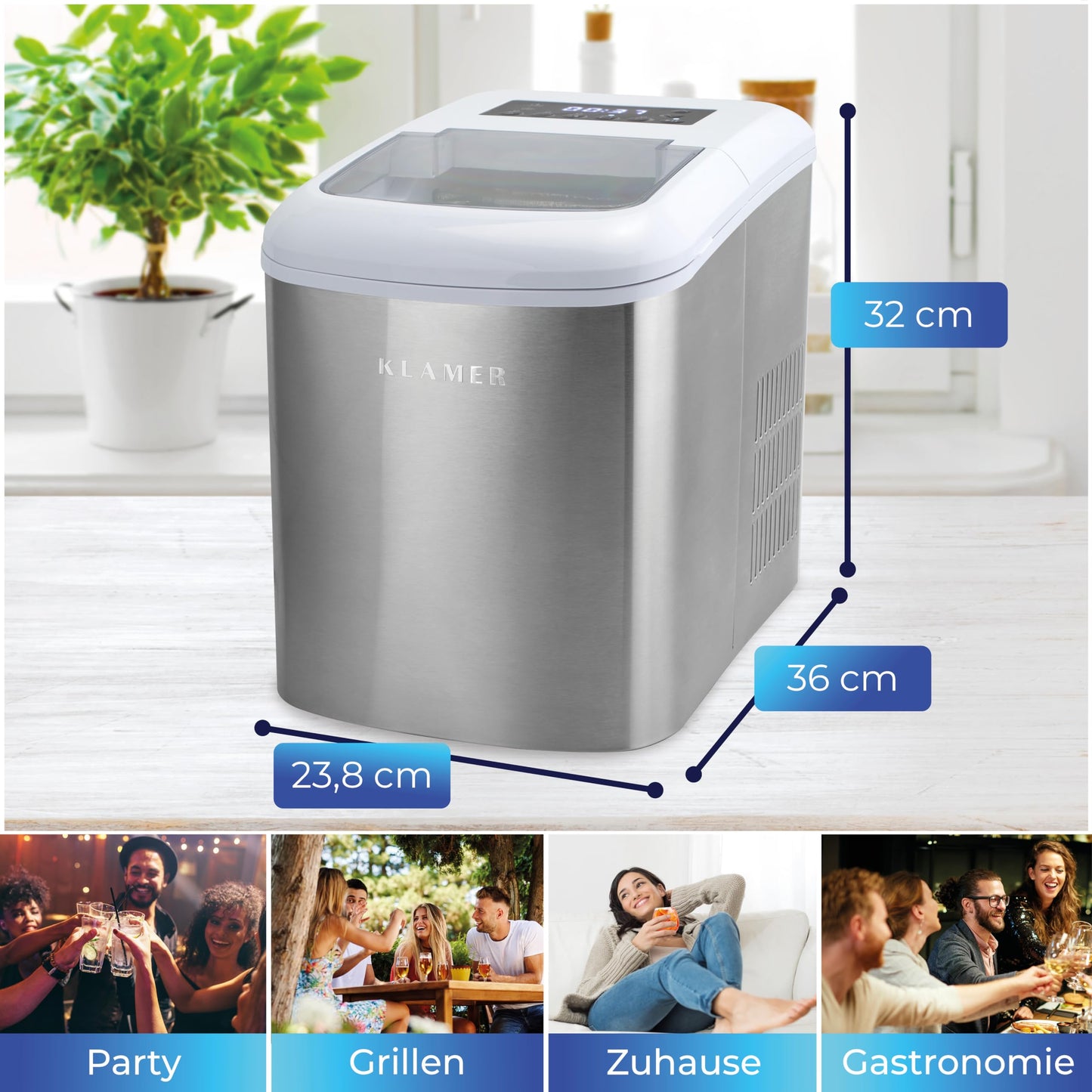 KLAMER Eiswürfelmaschine klein mit Eisschaufel & 2 Eiswürfelgrößen - 10 Eiswürfel in nur 7 Min, 15 kg Eiswürfel pro Tag - leiser Ice Maker mit Timer (silber)