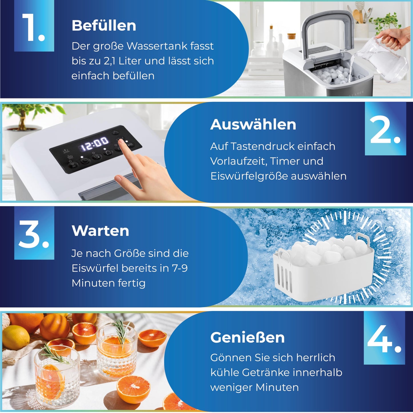KLAMER Eiswürfelmaschine klein mit Eisschaufel & 2 Eiswürfelgrößen - 10 Eiswürfel in nur 7 Min, 15 kg Eiswürfel pro Tag - leiser Ice Maker mit Timer (silber)