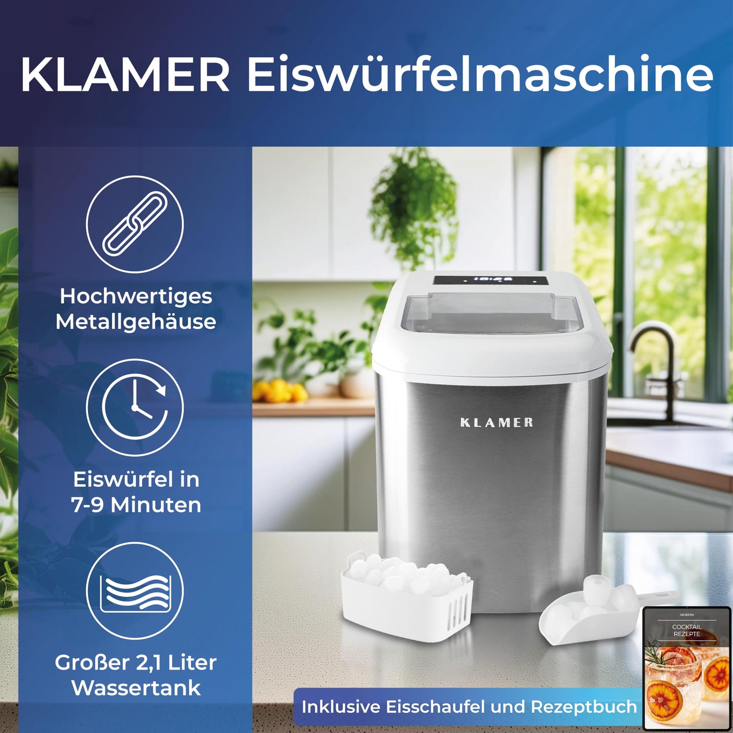 KLAMER Eiswürfelmaschine klein mit Eisschaufel & 2 Eiswürfelgrößen - 10 Eiswürfel in nur 7 Min, 15 kg Eiswürfel pro Tag - leiser Ice Maker mit Timer (silber)