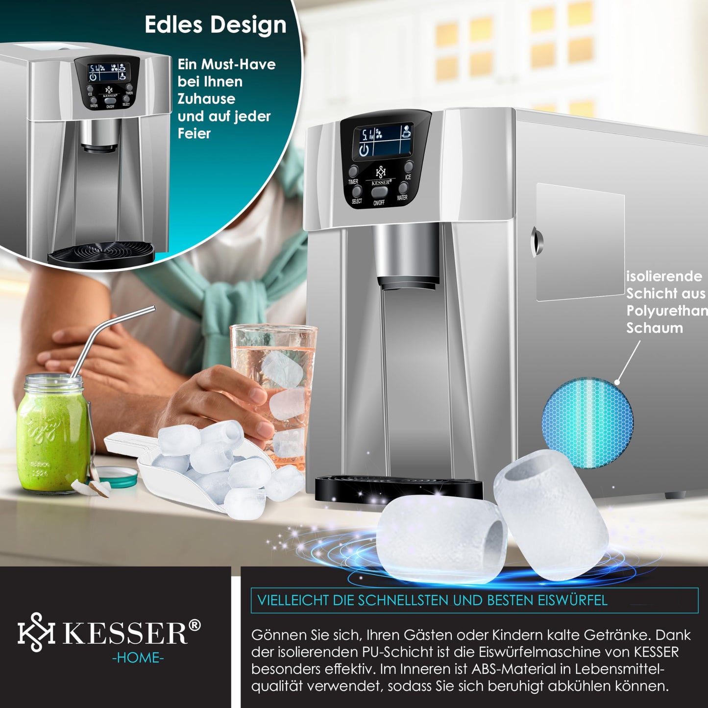 KESSER® Eiswürfelbereiter | Eiswürfelmaschine Edelstahl | 100W Ice Maker |12 kg 24 h |2 Würfelgrößen | Zubereitung in 6 min | 2 Liter Wassertank | Timer | LCD-Display | Wassertank, mit Zubehör Silber