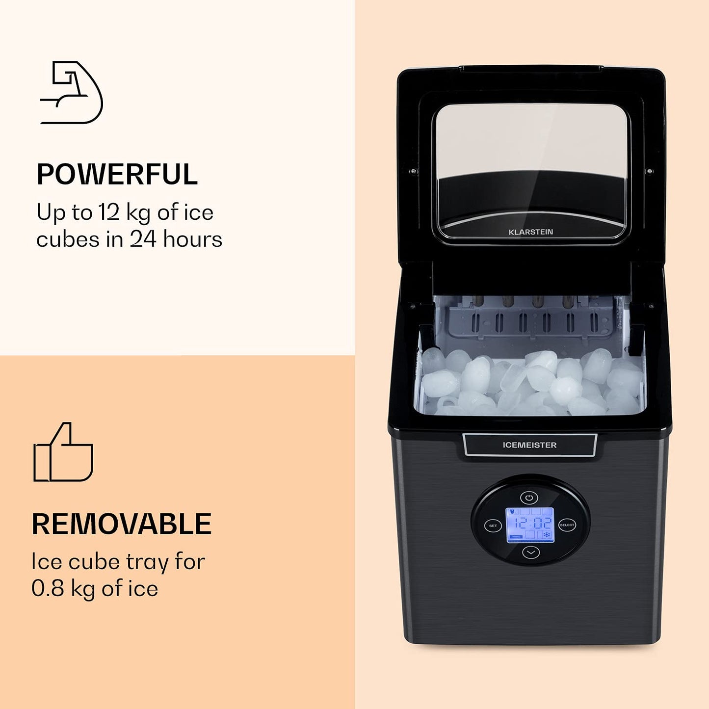 Klarstein Eiswürfelmaschine Klein, 1,8 L Eiswürfelbereiter, Eiswürfelmaschine für 12 kg Große & Kleine Eiswürfel, Mini-Eiswürfelmaschine mit LED-Display, Eiswürfelbereiter Selbstreinigend
