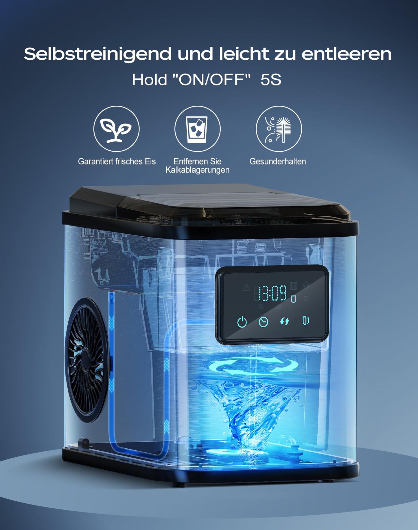 KeeGone Edelstahl Eiswürfelmaschine mit LED-Display,Eismaschine Eiswürfelbereiter und Reinigungsfunktion,2L Wassertank,inklusive Eisschaufel und Korb,2 Eiswürfel Größen für Küche, Büro, Bar und Party