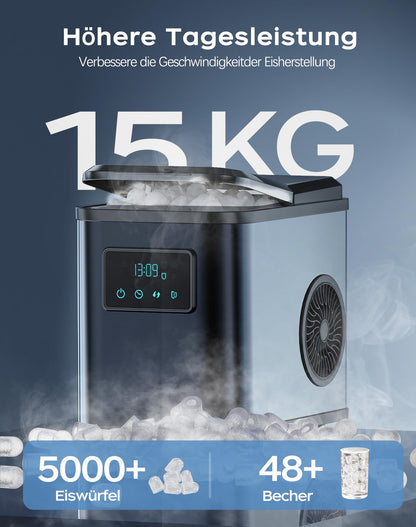 KeeGone Edelstahl Eiswürfelmaschine mit LED-Display,Eismaschine Eiswürfelbereiter und Reinigungsfunktion,2L Wassertank,inklusive Eisschaufel und Korb,2 Eiswürfel Größen für Küche, Büro, Bar und Party