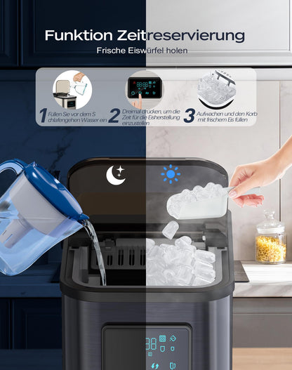 KeeGone Edelstahl Eiswürfelmaschine mit LED-Display,Eismaschine Eiswürfelbereiter und Reinigungsfunktion,2L Wassertank,inklusive Eisschaufel und Korb,2 Eiswürfel Größen für Küche, Büro, Bar und Party