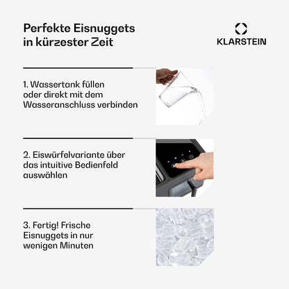 Klarstein Eiswürfelmaschine für Zuhause Camping Gastro, Schnelle Mini Eiswürfelmaschine Klein, Profi Eismaschine für Nugget-Eiswürfel, Selbstreinigend, Sicherheitsalarm & Touch Controls, 15kg/24h