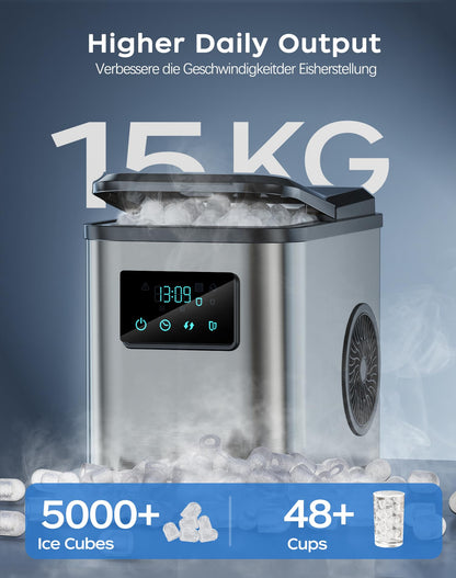 KeeGone Edelstahl Eiswürfelmaschine mit LED-Display Eismaschine Eiswürfelbereiter und Reinigungsfunktion 2L Wassertank inklusive Eisschaufel und Korb 2 Eiswürfel Größen für Küche Büro Bar und Party