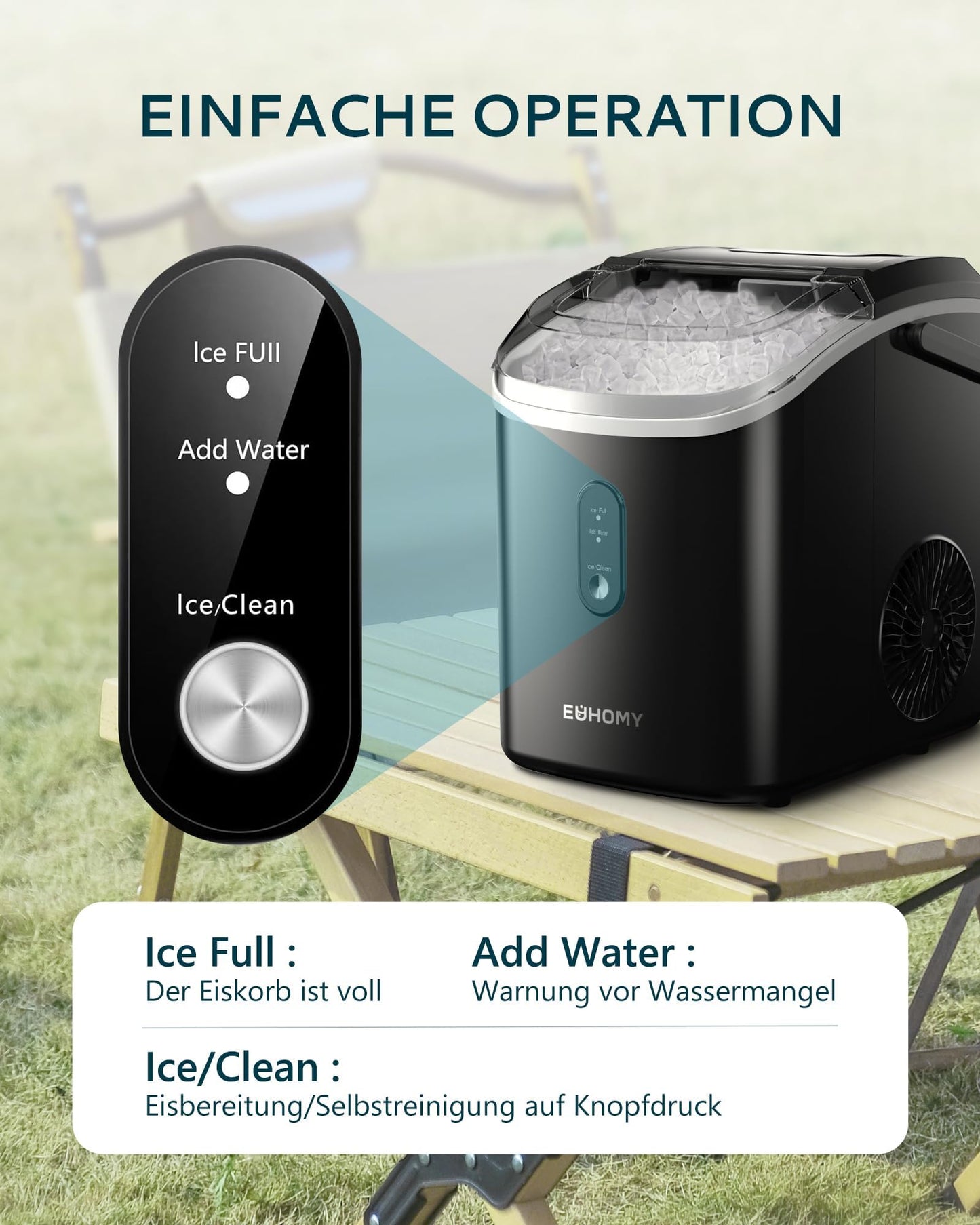 EUHOMY Eiswürfelmaschine, 15kg/24h, Herstellung in 6 Minuten, Crushed Ice Maker, Nuggets Ice, Automatische Reinigung, 120W Tisch-Eiswürfelmaschine, Infrarot-Sensor, Energieeffizient, Schwarz
