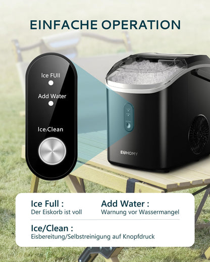 EUHOMY Eiswürfelmaschine, 15kg/24h, Herstellung in 6 Minuten, Crushed Ice Maker, Nuggets Ice, Automatische Reinigung, 120W Tisch-Eiswürfelmaschine, Infrarot-Sensor, Energieeffizient, Schwarz