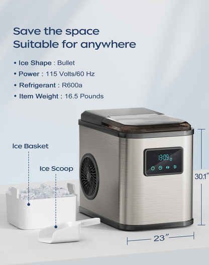 KeeGone Edelstahl Eiswürfelmaschine mit LED-Display Eismaschine Eiswürfelbereiter und Reinigungsfunktion 2L Wassertank inklusive Eisschaufel und Korb 2 Eiswürfel Größen für Küche Büro Bar und Party