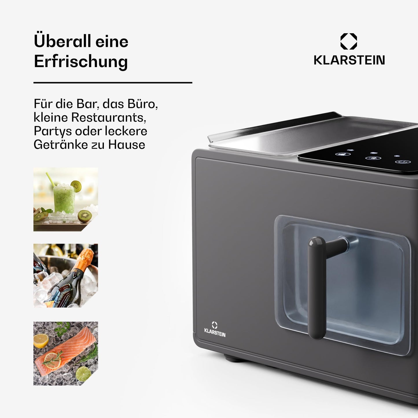 Klarstein Eiswürfelmaschine für Zuhause Camping Gastro, Schnelle Mini Eiswürfelmaschine Klein, Profi Eismaschine für Nugget-Eiswürfel, Selbstreinigend, Sicherheitsalarm & Touch Controls, 15kg/24h