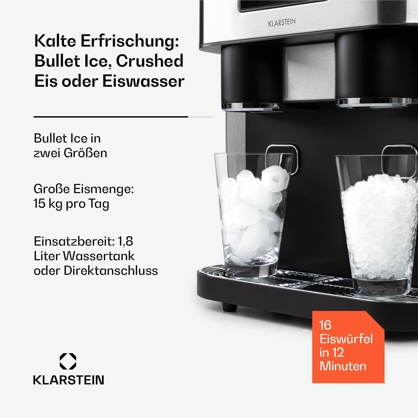 Klarstein Eiswürfelmaschine Klein, 1,8L Eiswürfelbereiter, Eiswürfelmaschine für Crushed und Bullet Eis, Schnelle Mini-Eiswürfelmaschine, Leichte Reinigung, Eiswürfelbereiter für 15kg/24h
