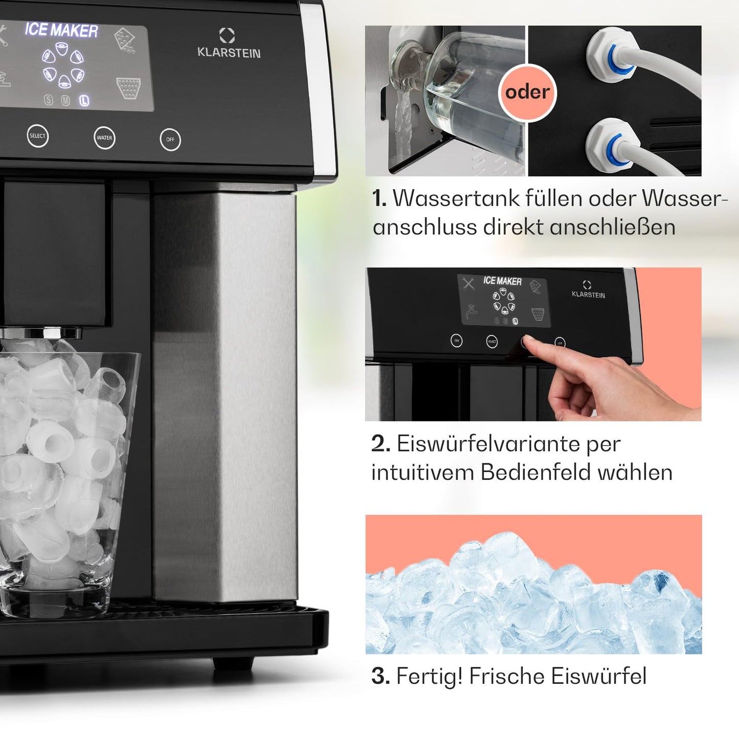 Klarstein Eiswürfelmaschine Klein, 3L Eiswürfelbereiter, Eiswürfelmaschine mit 3 Eiswürfel Größen, Schnelle Mini-Eiswürfelmaschine, Leichte Reinigung, Eiswürfelbereiter für 15kg Eis in 24h