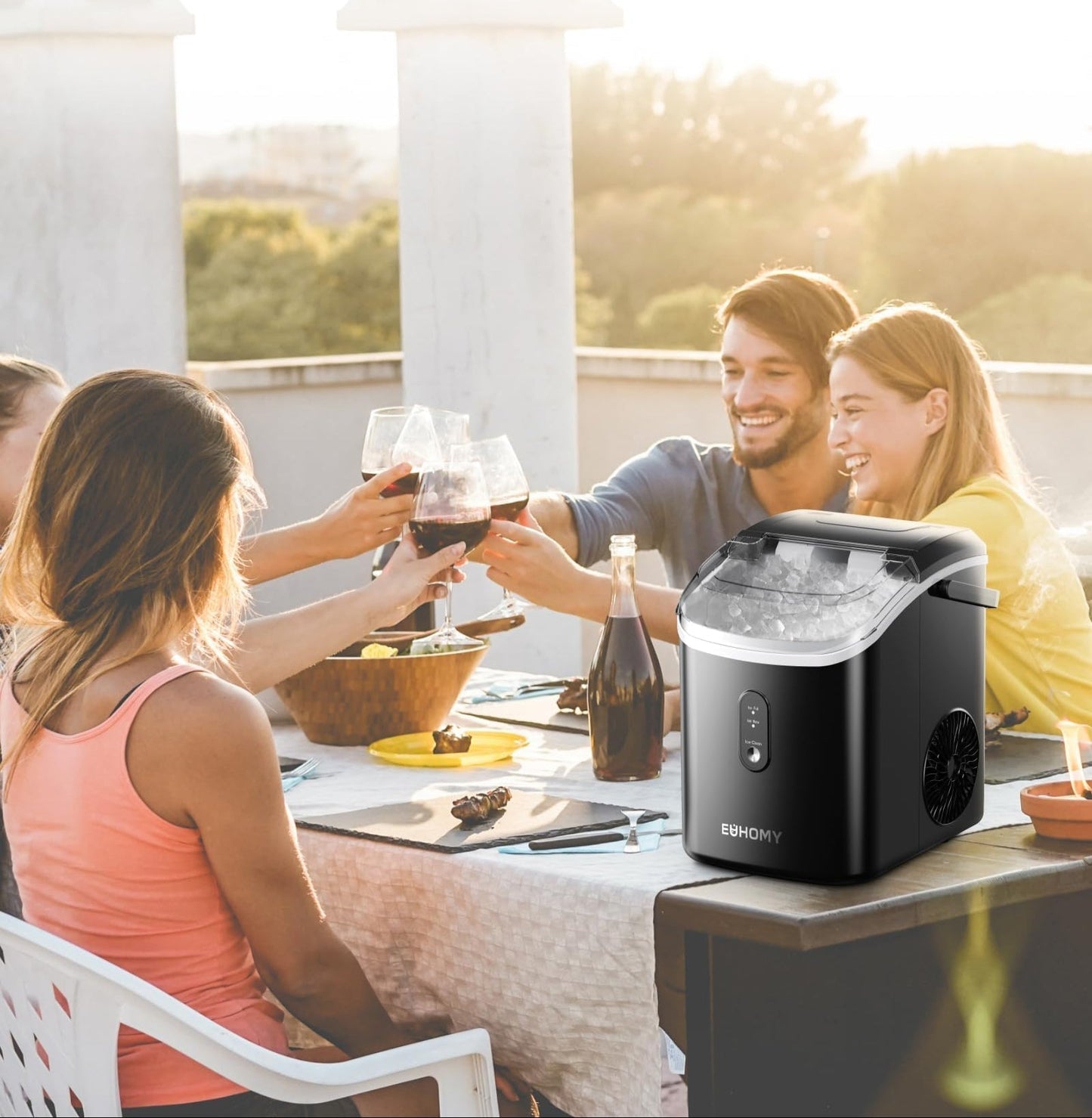 EUHOMY Eiswürfelmaschine, 15kg/24h, Herstellung in 6 Minuten, Crushed Ice Maker, Nuggets Ice, Automatische Reinigung, 120W Tisch-Eiswürfelmaschine, Infrarot-Sensor, Energieeffizient, Schwarz
