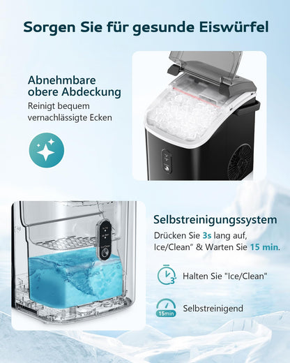 EUHOMY Eiswürfelmaschine, 15kg/24h, Herstellung in 6 Minuten, Crushed Ice Maker, Nuggets Ice, Automatische Reinigung, 120W Tisch-Eiswürfelmaschine, Infrarot-Sensor, Energieeffizient, Schwarz