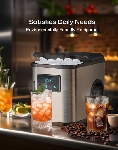 KeeGone Edelstahl Eiswürfelmaschine mit LED-Display Eismaschine Eiswürfelbereiter und Reinigungsfunktion 2L Wassertank inklusive Eisschaufel und Korb 2 Eiswürfel Größen für Küche Büro Bar und Party