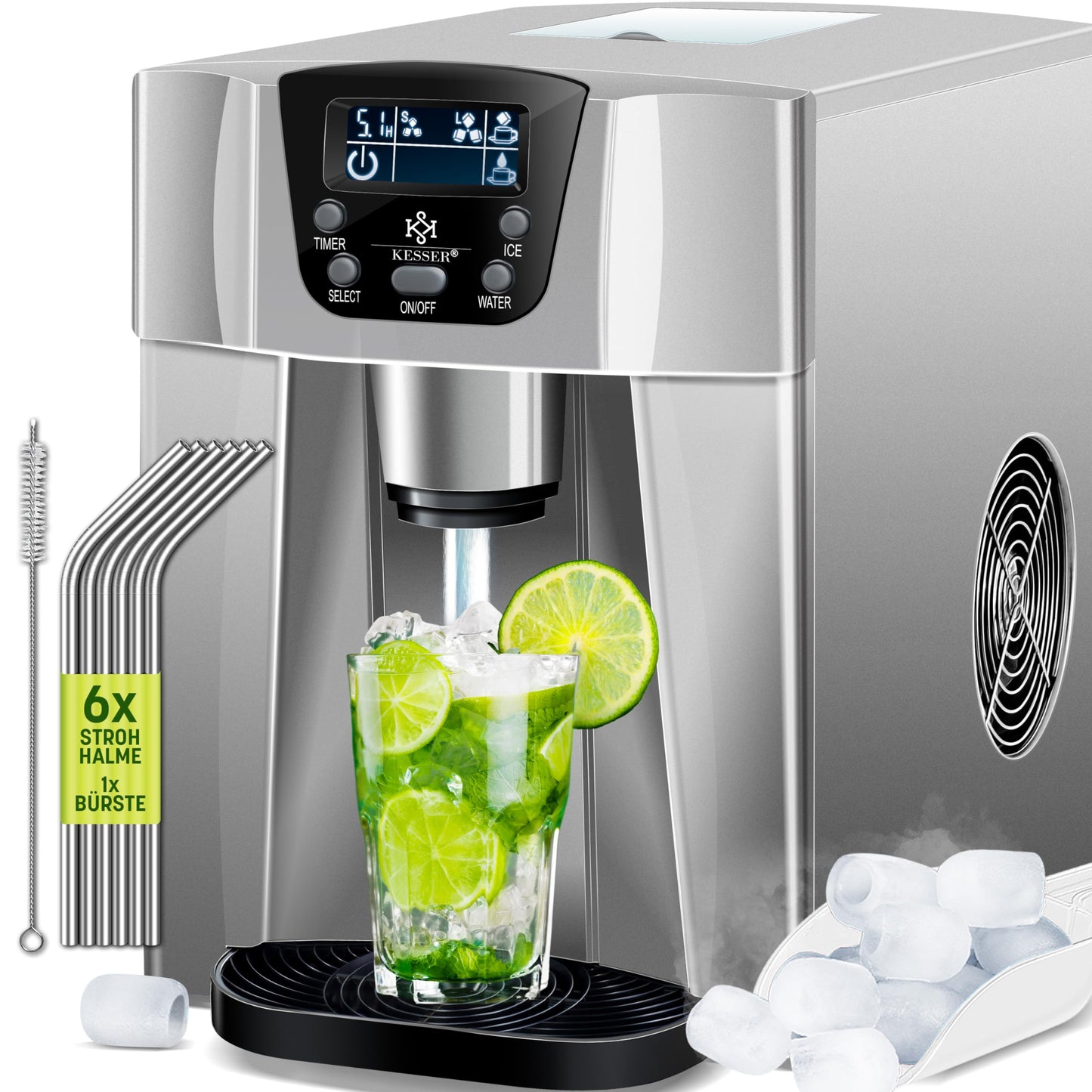 KESSER® Eiswürfelbereiter | Eiswürfelmaschine Edelstahl | 100W Ice Maker |12 kg 24 h |2 Würfelgrößen | Zubereitung in 6 min | 2 Liter Wassertank | Timer | LCD-Display | Wassertank, mit Zubehör Silber