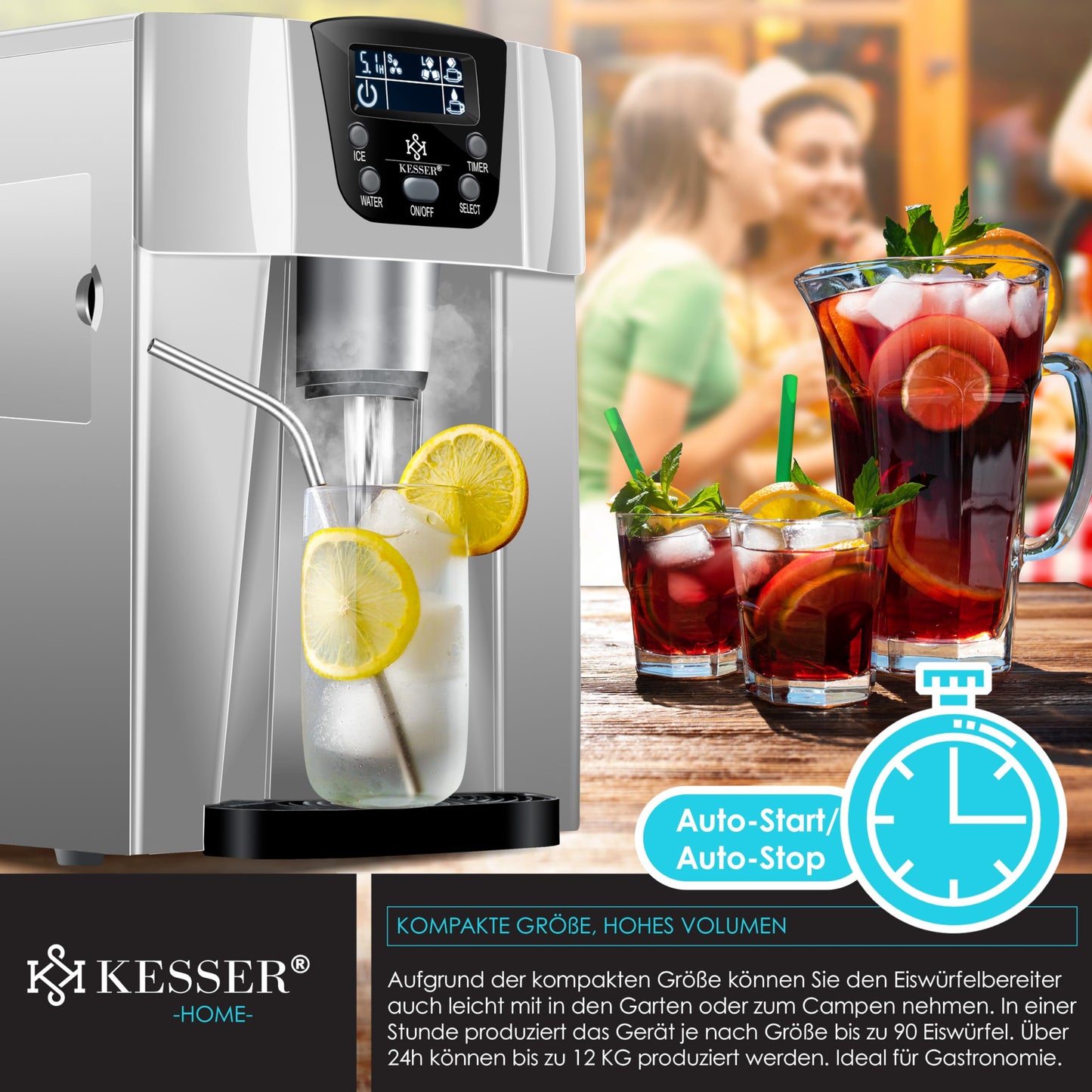 KESSER® Eiswürfelbereiter | Eiswürfelmaschine Edelstahl | 100W Ice Maker |12 kg 24 h |2 Würfelgrößen | Zubereitung in 6 min | 2 Liter Wassertank | Timer | LCD-Display | Wassertank, mit Zubehör Silber