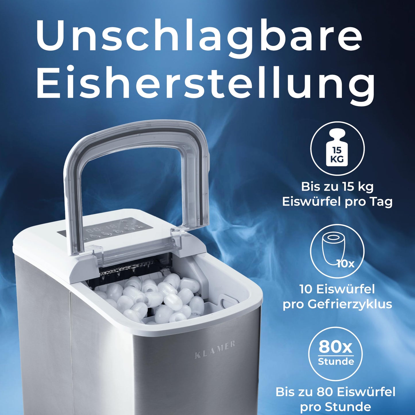 KLAMER Eiswürfelmaschine klein mit Eisschaufel & 2 Eiswürfelgrößen - 10 Eiswürfel in nur 7 Min, 15 kg Eiswürfel pro Tag - leiser Ice Maker mit Timer (silber)