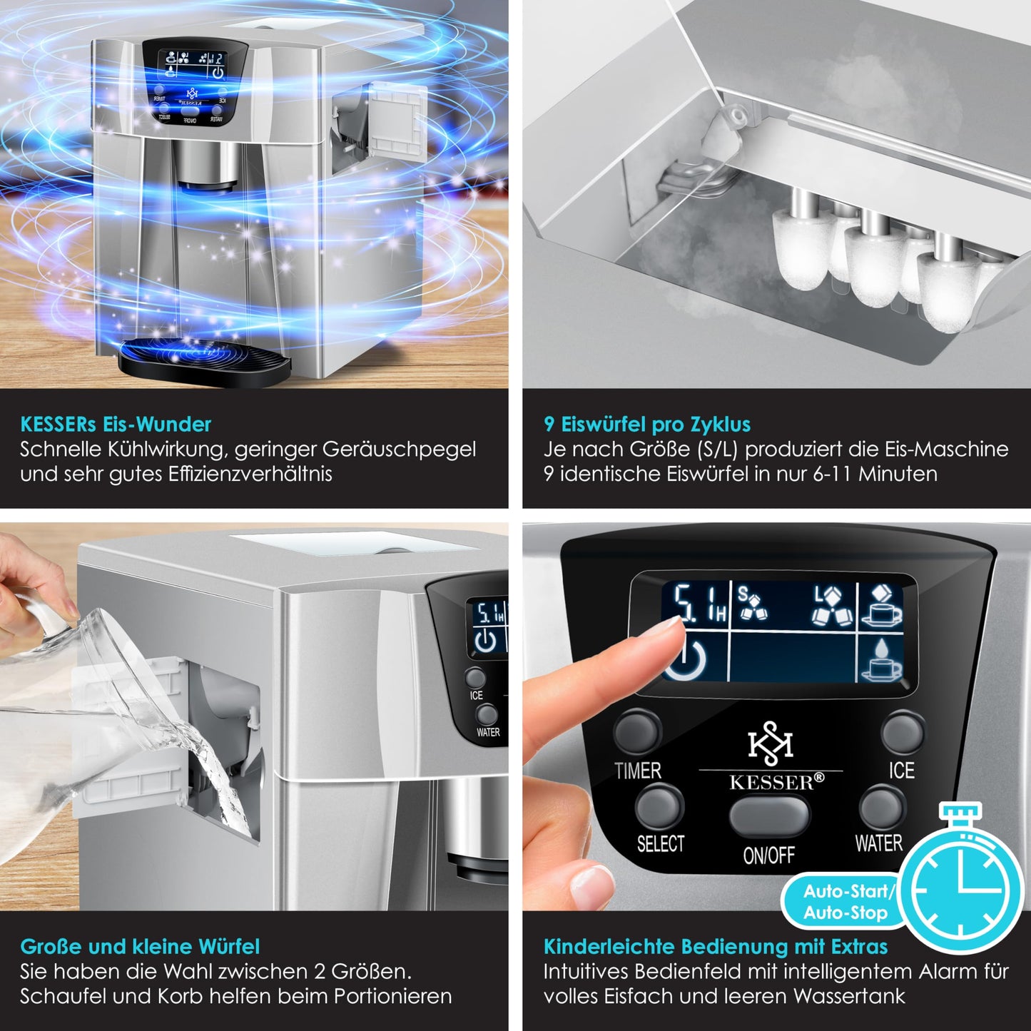 KESSER® Eiswürfelbereiter | Eiswürfelmaschine Edelstahl | 100W Ice Maker |12 kg 24 h |2 Würfelgrößen | Zubereitung in 6 min | 2 Liter Wassertank | Timer | LCD-Display | Wassertank, mit Zubehör Silber