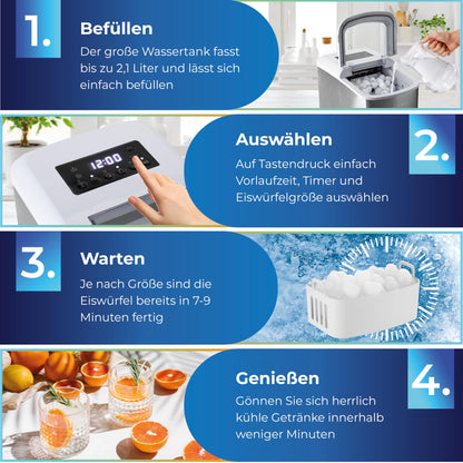 KLAMER Eiswürfelmaschine klein mit Eisschaufel & 2 Eiswürfelgrößen - 10 Eiswürfel in nur 7 Min, 15 kg Eiswürfel pro Tag - leiser Ice Maker mit Timer (silber)