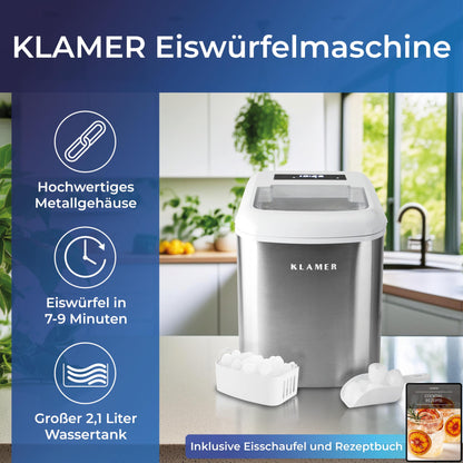 KLAMER Eiswürfelmaschine klein mit Eisschaufel & 2 Eiswürfelgrößen - 10 Eiswürfel in nur 7 Min, 15 kg Eiswürfel pro Tag - leiser Ice Maker mit Timer (silber)