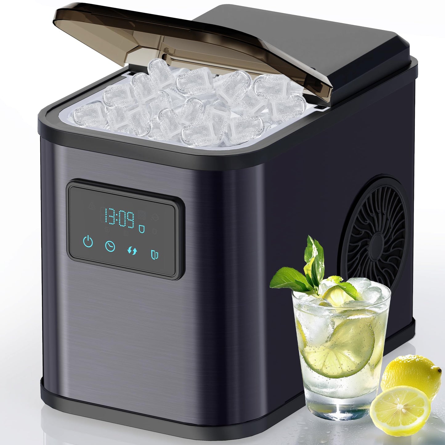 KeeGone Edelstahl Eiswürfelmaschine mit LED-Display,Eismaschine Eiswürfelbereiter und Reinigungsfunktion,2L Wassertank,inklusive Eisschaufel und Korb,2 Eiswürfel Größen für Küche, Büro, Bar und Party